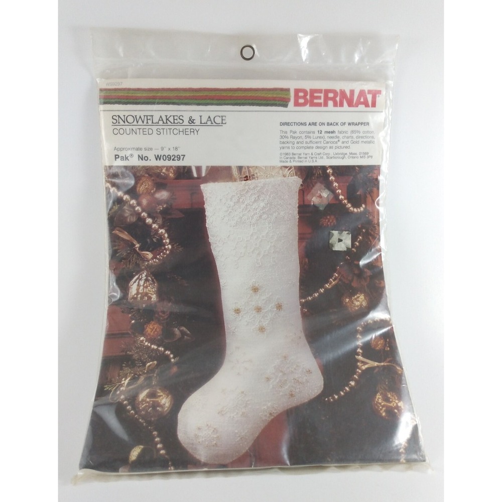 Vintage Cross Stitch Christmas Stocking Kit Bernat Snowflakes & Lace 1983